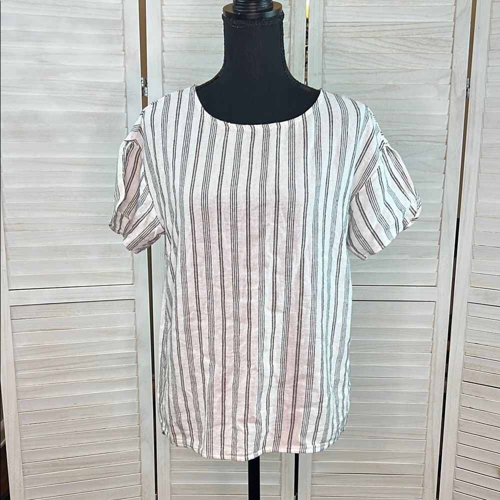 Ellen Tracy Linen Blend Ticking Stripe Tee Small